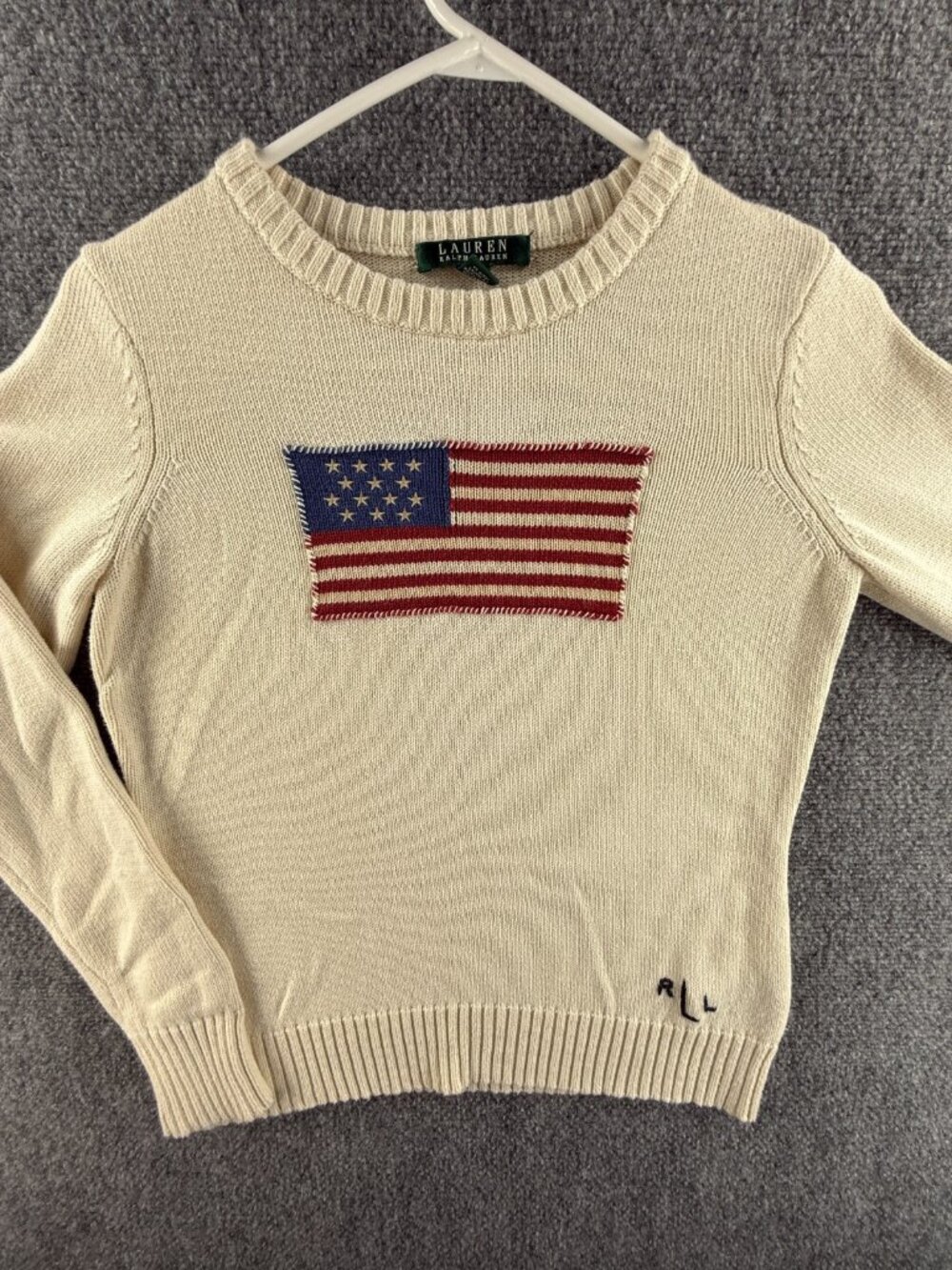 Lauren Ralph Lauren Women Flag Sweater XS Ivory Cotton Crew Neck Embroidered